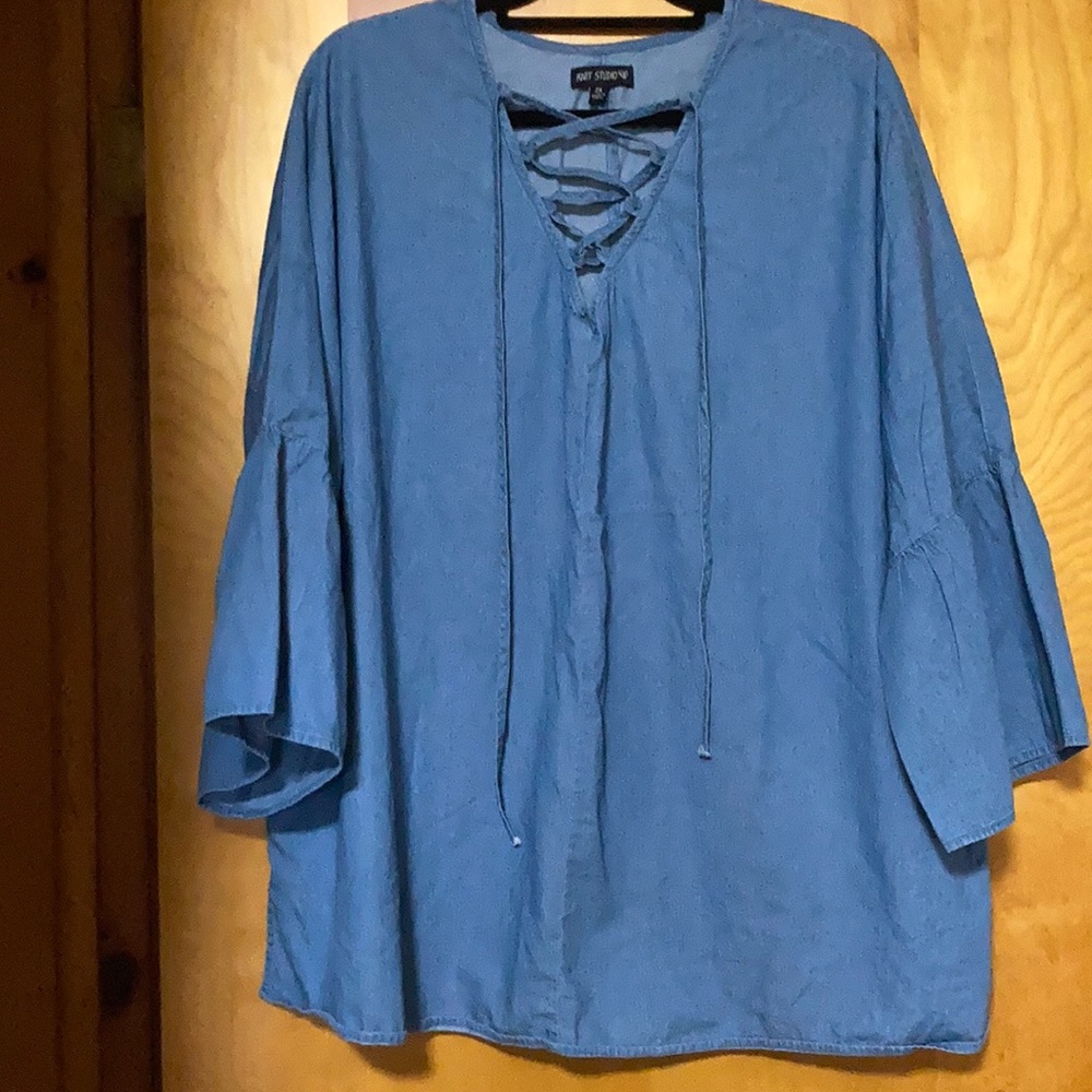 Chambray V Neck Blouse